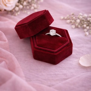 Red Velvet Ring Box – Single Ring Box – Hexagon Proposal Ring Box – Engagement Ring Holder – Wedding Ring Bearer Box