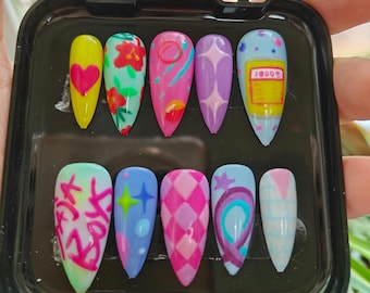 Kpop Demon Hunters Saja Boys Nails | Soda Pop Inspired Vibrant Press Ons | Colorful Pop Art Mismatched Nails | Hand Painted Stiletto Nails