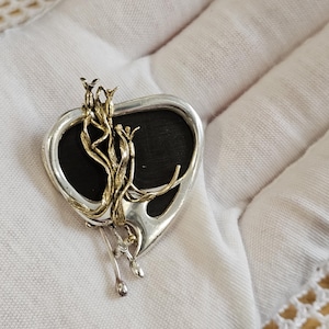 Unique vintage brooch pendant with wood and gold overlay on flowers tulips silver 835 art nouveau style