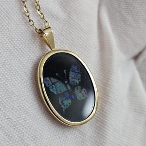Vintage oval natural opal butterfly pendant 9ct solid yellow gold 375 and 17 inches chain hallmarked