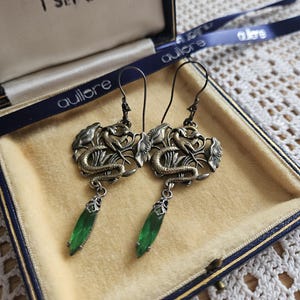 Old art nouveau Earrings snake in peony green glass