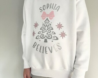 Girls Kids Personalised Believes Christmas Sweatshirt Jumper