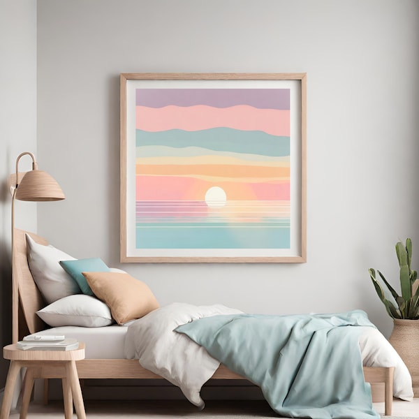 Pastel beach coastline print || aesthetic poster wall art|| pastel pink, blue, purple, yellow || girl’s room decor || aesthetic home decor