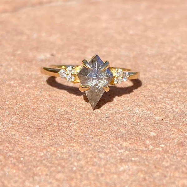 Kite Cut Salt and Pepper Diamond Ring, Solid Gold Art Deco