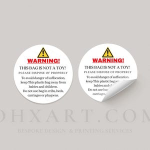 Suffocation warning labels, Round Business Warning Stickers, Cellophane Bags Hazard Sticker, Plastic Bag Suffocation Warning label