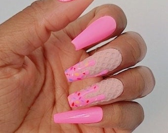 Pink handmade press on nails | sweater false nails | embossed custom made ice cream nails | 3D hand painted nails made in the UK