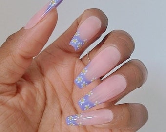 Purple french tip handmade press on nails | hand painted floral nails | pastel nail designs | custom made in the UK nails