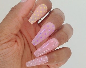 Polka dot handmade press on nails | hand painted pastel nail designs | multicoloured polka dot nails | custom made in the UK nails