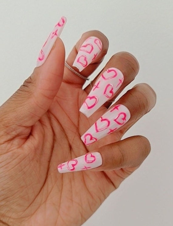 Pink Airbrush 90s Handmade Press on Nails Hand Painted Valentine Nail  Designs Custom Nails Made in the UK 