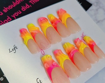 Bright 3D French tip handmade press-on nails | hand-painted neon nailart | 3D nail designs | custom-made in the UK