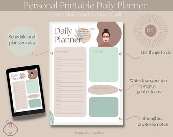 May include: A digital printable daily planner in a neutral colour scheme. The planner includes sections for scheduling, to-do lists, and notes. The design features illustrations and the text "Personal Printable Daily Planner". A tablet displays the planner.