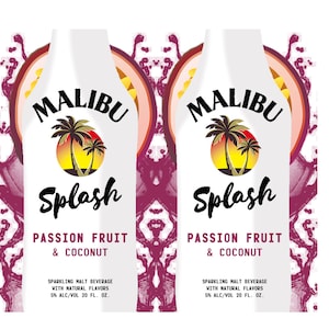 May include: Two white cans of Malibu Splash Passion Fruit & Coconut sparkling malt beverage. Each can features a pink and white tropical fruit design with the Malibu logo and a palm tree sunset graphic. The cans are 20 fluid ounces and 5% alcohol by volume.