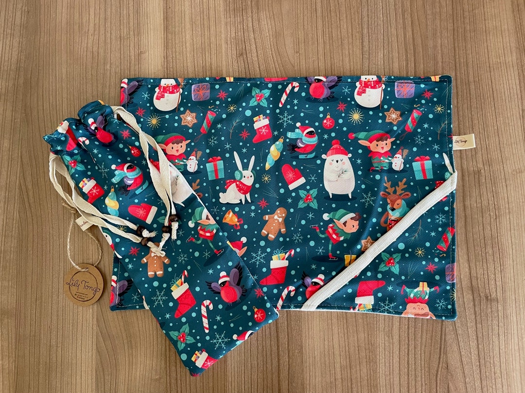 Set de table de Noël pour enfants : impression numérique en tissu, lavable avec sac de transport