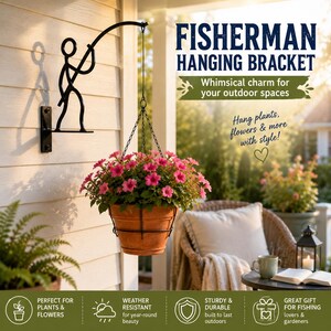 Whimsical Fisherman Plant Hanger, Outdoor Fishing Wall Hook, Angler Garden Decor Gift (9"x8")