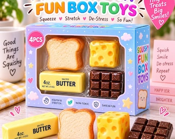 4 Piece Food Squishy Toy Set, Butter, Bread Cheese Cube, Chocolate Squishies, Sensory Fidget Toys, Kids Birthday Gift & Stocking Stuffer