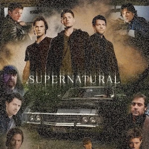 May include: A promotional image for the television show Supernatural. The image features several actors, a black classic car, and the show's title in white capital letters. The overall color scheme is dark with a focus on the characters.