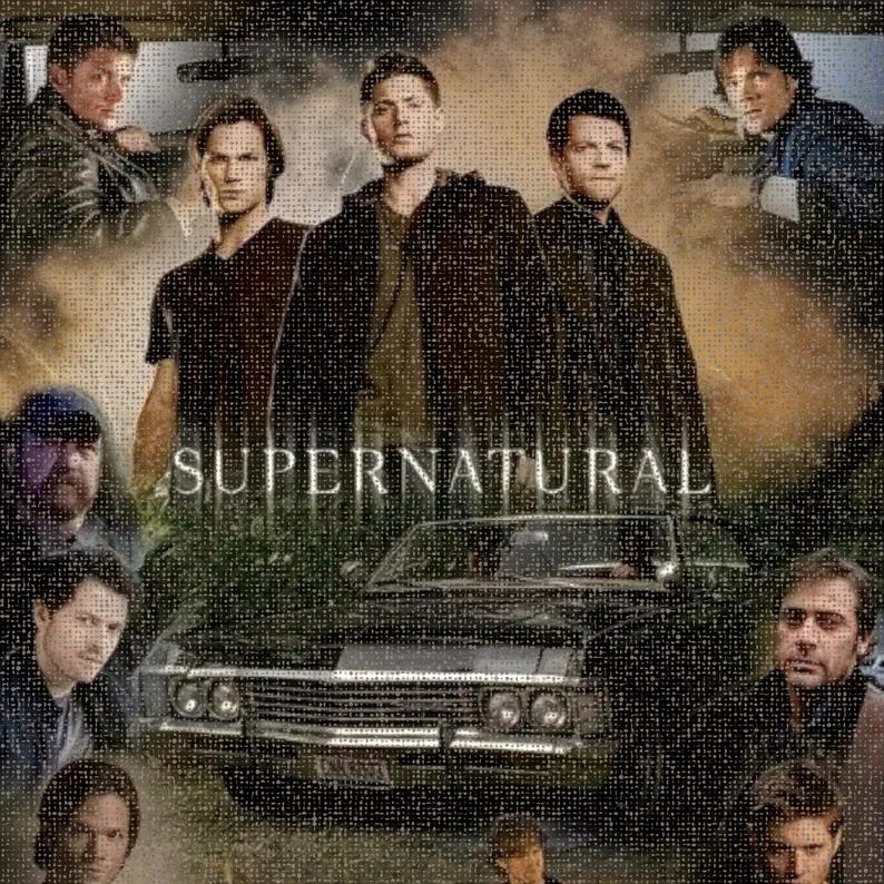 May include: A promotional image for the television show Supernatural. The image features several actors, a black classic car, and the show's title in white capital letters. The overall color scheme is dark with a focus on the characters.