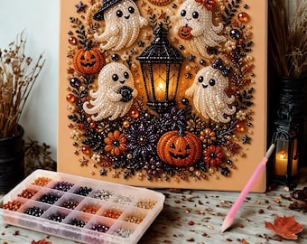 Set de pintura de perlas de Halloween, set de manualidades para adultos, kit de inauguración de casa de otoño con diseño de fantasmas en 5D, arte de pared de Halloween para hacer tú mismo de 11.5 x 11.5