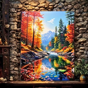 Mountain Paint by Number Kit for adults, Complete Autumn Forest Paint By Number Craft Kit, DIY Fall River Landscape Painting Wall Decor Gift