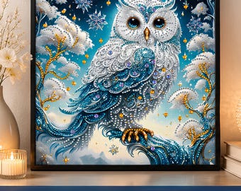 Kit de pintura de diamantes de búho azul, juego de arte con diamantes de múltiples formas, kit de manualidades de búho de invierno, arte de pared brillante para hacer tú mismo, 11.5x11.5, regalo para amantes de los búhos.