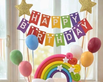 Kit completo para decorar tartas de cumpleaños con temática de arcoíris, letrero de feliz cumpleaños, globos, estrellas y pancartas.
