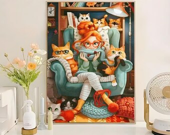 Kit de pintura de diamantes "Gatos acogedores", mujer leyendo, manualidad DIY (30 x 40 cm)