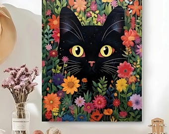 Kit de pintura por números Gato Negro, Manualidad Flores Silvestres (Lienzo enrollado de 16x16)