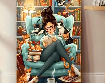 Cat Lady Diamond Painting Set, DIY Books, Cats & Coffee 5d Painting Kit, Pet Lover Housewarming Gift, Cat Lovers and Book Lovers Craft Kit