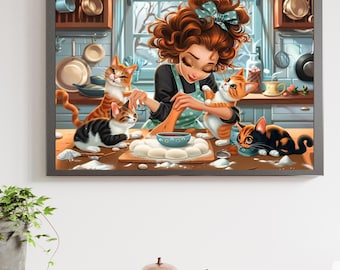Kit de pintura de diamantes "Gatitos en la cocina", 12x16, Manualidades acogedoras para hacer tú mismo