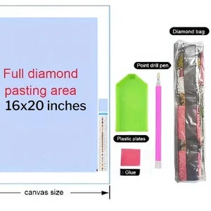 K&ouml;nnte beinhalten: Ein Diamant-Malset mit einer hellblauen Leinwand in der Gr&ouml;&szlig;e 16x20 Zoll. Das Set enth&auml;lt eine Diamantentasche, einen Stift mit Spitzbohrer, Plastikplatten und Kleber.