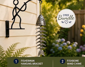 Conjunto de decoración para jardín con temática de pesca, campanilla de viento con forma de pescador y gancho para colgar en la pared, decoración rústica para patio exterior, regalo único para pescadores.
