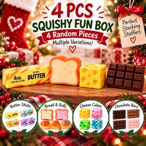 May include: A 4-piece squishy fun box set featuring food-themed toys including a 4 oz. salted butter stick, a slice of bread, a block of Swiss cheese, and a chocolate bar. The set includes various designs of butter, bread, cheese, and chocolate.