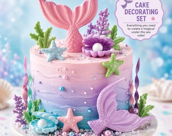 Mermaid Cake Decorating Set, Under the Sea Cake Decorations, Ocean Birthday Party Decor, Mermaid Birthday Cake Topper