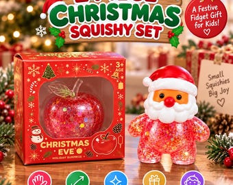 Christmas Squishy Toy Set, 2 Piece Glitter Apple & Holiday Character Squishies, Sensory Fidget Toy, Stocking Stuffer Gift for Kids
