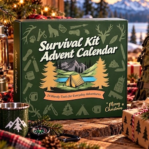 May include: A dark green rectangular box labeled Survival Kit Advent Calendar with 24 Handy Tools for Everyday Adventures. The front features a graphic of a tent, mountains, and trees, surrounded by small icons of outdoor gear and Merry Christmas.