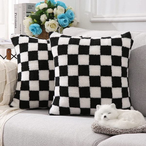 Throw Pillow Checkered Faux Fur Decorative Pillow Case Set of 2 *Cover Only*