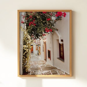 Póster de viaje a Paros, Grecia: impresión artística de las islas griegas, arte mural fotográfico de Grecia, impresión de buganvillas de Naxos, Grecia, decoración de islas griegas