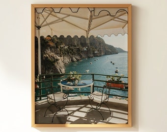 Impression de café italien en bord de plage d'été à Positano - impression d'art Italie, île de Capri, Dolce Far Niente - souvenir de voyage en Italie