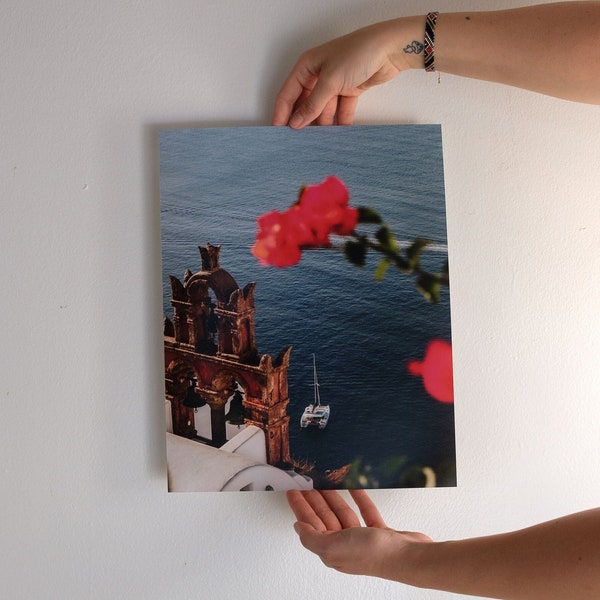 Santorini Art Print: Greek Bougainvillea | Greece Photo Print | Mediterranean Art | Nautical Home Decor | Travel Gift | Airbnb Decor