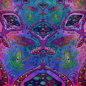 Amanita Grenouille et papillon art psychédélique illustration ésotérique et vintage pour déco