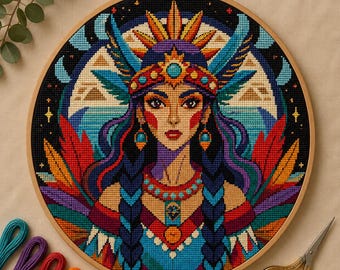 Modèle de point de croix Femme avec des plumes, bricolage facile (PDF)