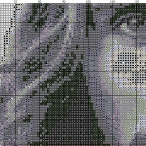 May include: A black and white pixel art image of a wolf's face. The wolf's fur is a mix of grey, black, and white pixels. The wolf's eyes are black and white, and the nose is black.