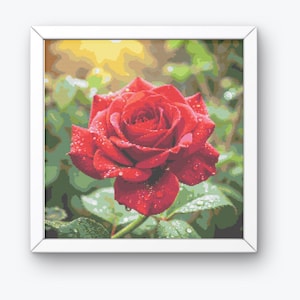 Stunning Red Rose Cross Stitch Pattern, Dew-Kissed Rose for Floral Home Decor, DIY Rose  PDF, Perfect for Flower Lovers, Botanical Art Decor