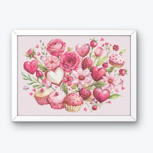 Cross Stitch Cake, Flowers Cross Stitch, Heart Cross Stitch, Rose Cross Stitch, Cross Stitch Cupcake, Easy Cross Stitch, Cross Stitch Chart,