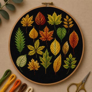 Patrón de punto de cruz de hojas de otoño en PDF, bordado botánico de hojas, punto de cruz de follaje otoñal, decoración de bosque, punto de cruz contado,