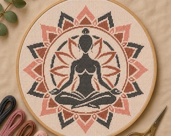 瞑想マンダラクロスステッチパターン、ヨガ刺繍、蓮のマンダラ装飾、ヨガをする女性のクロスステッチパターン、ミニマリストスピリチュアルマンダラ