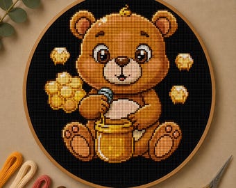 Cute Teddy Bear Cross Stitch Pattern PDF, Honey Bear Embroidery, Kawaii Nursery Decor, Instant Download, DIY Pattern