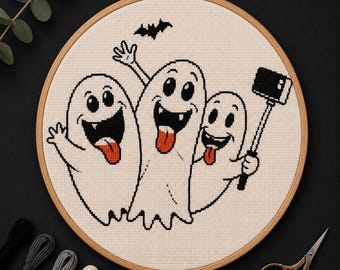 Cute Ghost Halloween Cross Stitch Pattern, Spooky Selfie (PDF Pattern)