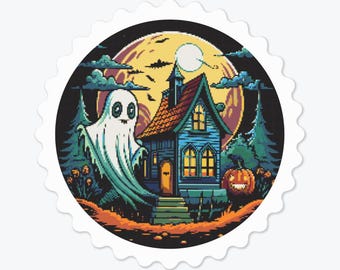 Cute Ghost Cross Stitch Pattern PDF, Haunted House Halloween Embroidery, Spooky Cottage Decor, Instant Download, DIY Pattern