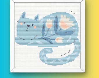 Schema punto croce gatto floreale PDF / Schema ricamo moderno colori pastello / Schema punto croce digitale / Artigianato artistico per la decorazione della casa